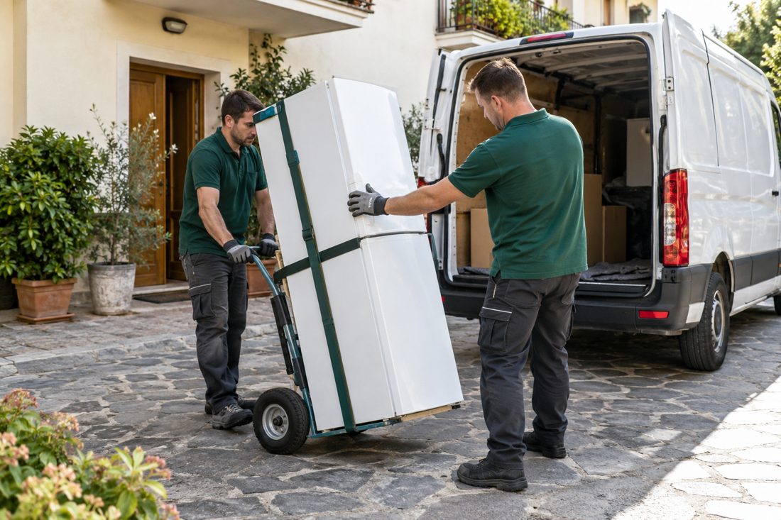 Immagine illustrativa: due traslocatori movimentano un frigorifero con un carrello vicino al furgone