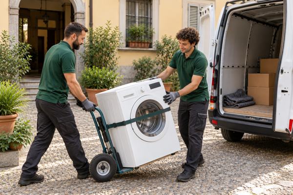 Gli stessi due personaggi trasportano una lavatrice