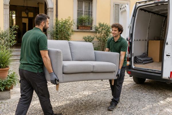 Gli stessi due personaggi trasportano un divano