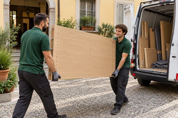 Gli stessi due personaggi trasportano i pannelli di un armadio smontato