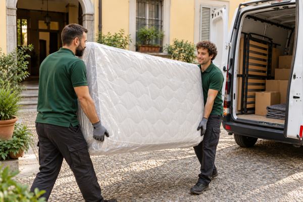 Gli stessi due personaggi trasportano un materasso protetto